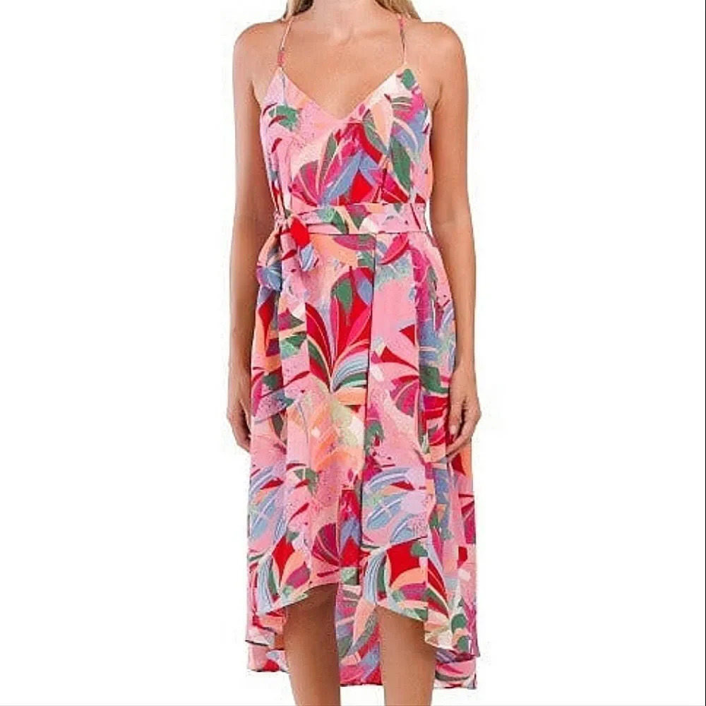 Laundry by Shelli Segal Tropical Floral Tie Waist High-Low A-Line Midi D…